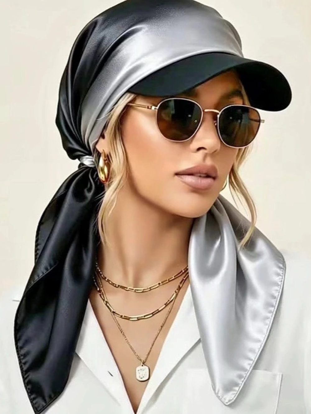 Satin-Look duck bill satin Hat in Black & Silver